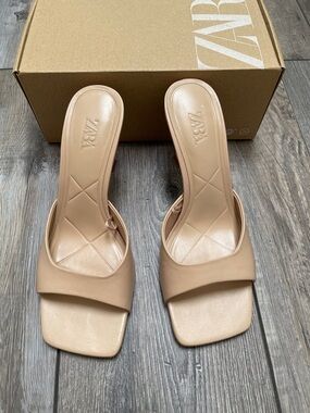 Women Zara Beige Pink Maquilla Square Toe Leather Slide Mules Sandals Heels 7.5